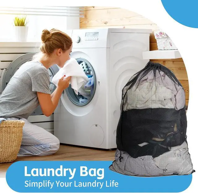 Alt view image 7 of 7 - 2 Pack Mesh Laundry Bags,24 x 35 Inches Heavy Duty Drawstring Dirty Clothes Bag for Camp,College,Dorm,Travel,Family,Apartment Dwellers,RV & Cruise Essentials(Black)