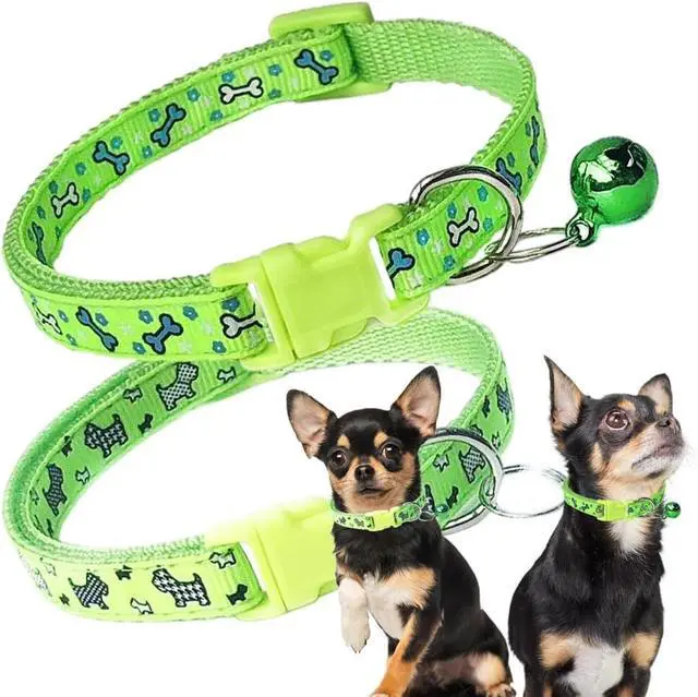Main image of XS Dog Collar with Bell, 2 Pack Nylon Cute Puppy Collar with Bell, Green | Adjustable Bells Collar for Walking Male Female XXS XS S Puppies Little Tiny Pets Animals
