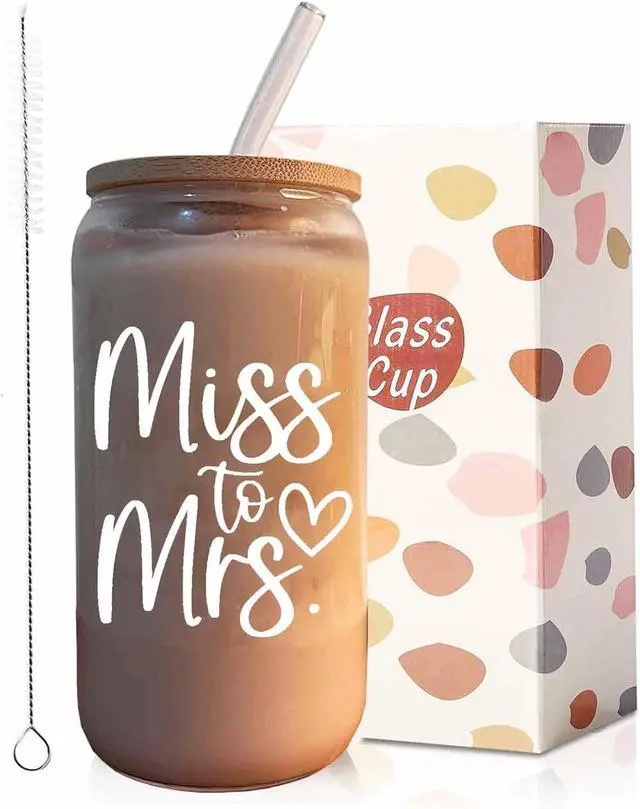 Main image of Bridal Shower Gift, Miss To Mrs Funny Glass Cup, Wedding Gift for Bride, Bridal Glass Cup With Lids and Straws, 16 oz Can Shaped Drinking Glass for Bride to Be