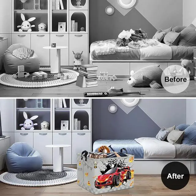 Alt view image 2 of 7 - Clastyle 3D Racing Car Kid Storage Basket Foldable Boy Laundry Hamper, 36L | Rectangle Large Dirty Clothes Book Gift Toy Organizer Nursery Bin, Playroom Bedroom Bathroom, Truck Monster Grey Basket
