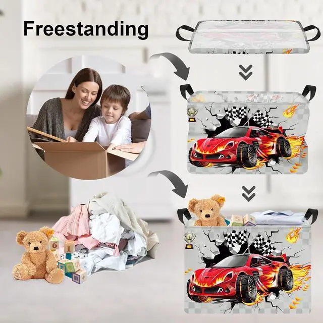 Alt view image 3 of 7 - Clastyle 3D Racing Car Kid Storage Basket Foldable Boy Laundry Hamper, 36L | Rectangle Large Dirty Clothes Book Gift Toy Organizer Nursery Bin, Playroom Bedroom Bathroom, Truck Monster Grey Basket
