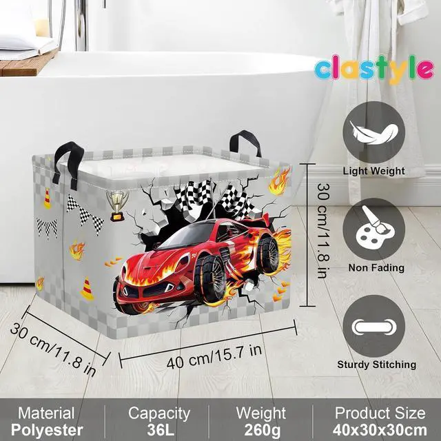 Alt view image 6 of 7 - Clastyle 3D Racing Car Kid Storage Basket Foldable Boy Laundry Hamper, 36L | Rectangle Large Dirty Clothes Book Gift Toy Organizer Nursery Bin, Playroom Bedroom Bathroom, Truck Monster Grey Basket
