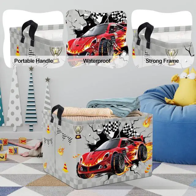 Alt view image 4 of 7 - Clastyle 3D Racing Car Kid Storage Basket Foldable Boy Laundry Hamper, 36L | Rectangle Large Dirty Clothes Book Gift Toy Organizer Nursery Bin, Playroom Bedroom Bathroom, Truck Monster Grey Basket