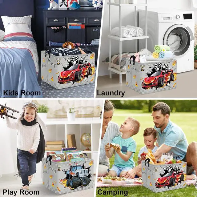 Alt view image 7 of 7 - Clastyle 3D Racing Car Kid Storage Basket Foldable Boy Laundry Hamper, 36L | Rectangle Large Dirty Clothes Book Gift Toy Organizer Nursery Bin, Playroom Bedroom Bathroom, Truck Monster Grey Basket