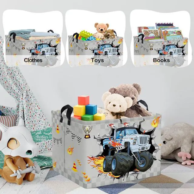 Alt view image 5 of 7 - Clastyle 3D Racing Car Kid Storage Basket Foldable Boy Laundry Hamper, 36L | Rectangle Large Dirty Clothes Book Gift Toy Organizer Nursery Bin, Playroom Bedroom Bathroom, Truck Monster Grey Basket