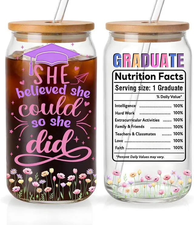 Main image of College Graduation Gifts for Women 2026, Glass Cup 16oz with Bamboo Lid and Straw High School Graduation Gifts for Women, Grad Gifts for Girls Friend Daughter Coworker
