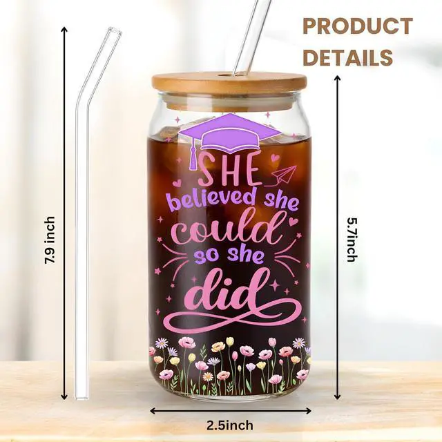 Alt view image 3 of 7 - College Graduation Gifts for Women 2026, Glass Cup 16oz with Bamboo Lid and Straw High School Graduation Gifts for Women, Grad Gifts for Girls Friend Daughter Coworker