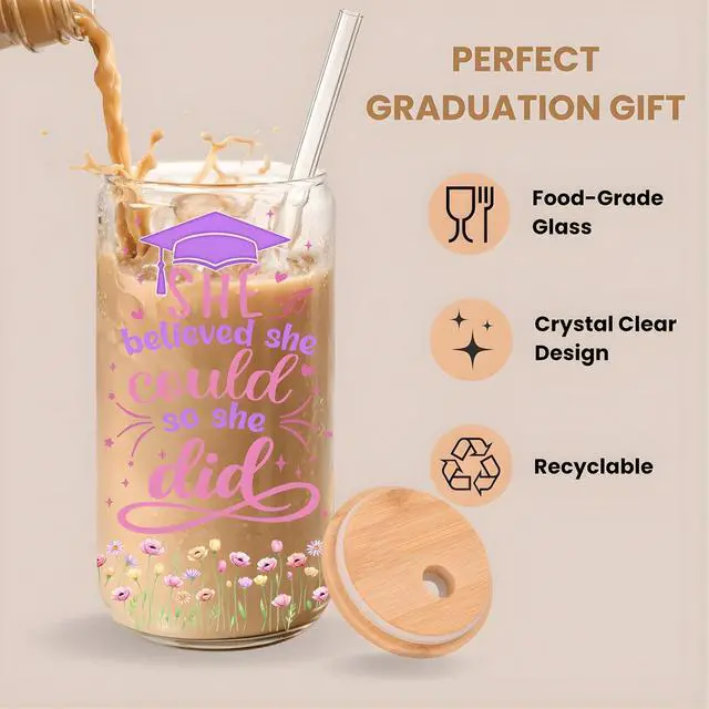 Alt view image 5 of 7 - College Graduation Gifts for Women 2026, Glass Cup 16oz with Bamboo Lid and Straw High School Graduation Gifts for Women, Grad Gifts for Girls Friend Daughter Coworker