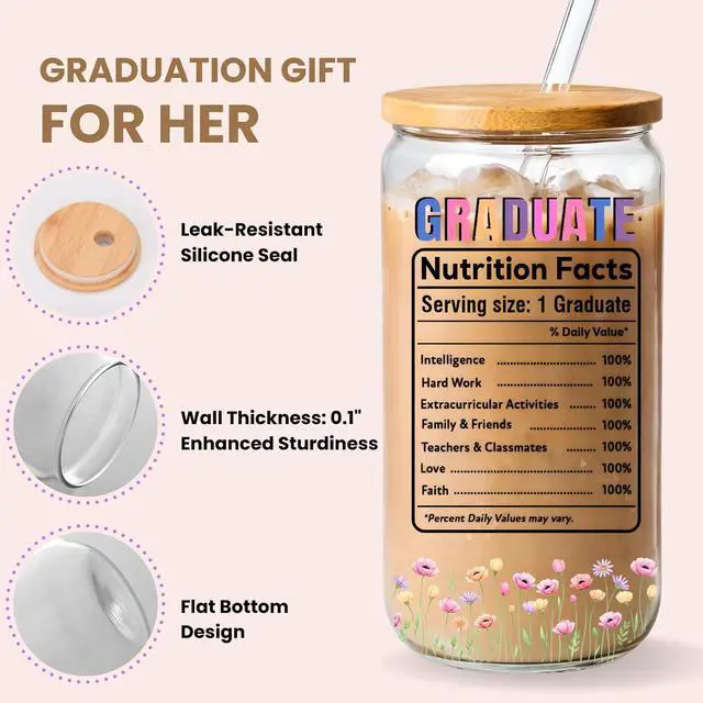 Alt view image 2 of 7 - College Graduation Gifts for Women 2026, Glass Cup 16oz with Bamboo Lid and Straw High School Graduation Gifts for Women, Grad Gifts for Girls Friend Daughter Coworker