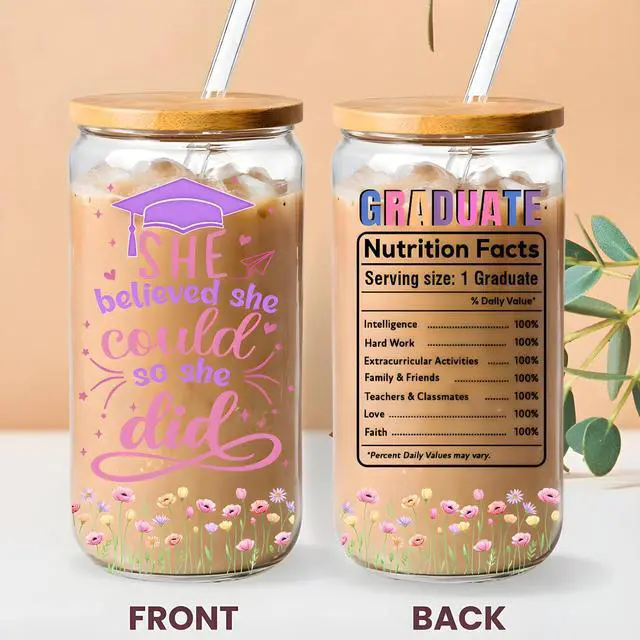 Alt view image 4 of 7 - College Graduation Gifts for Women 2026, Glass Cup 16oz with Bamboo Lid and Straw High School Graduation Gifts for Women, Grad Gifts for Girls Friend Daughter Coworker