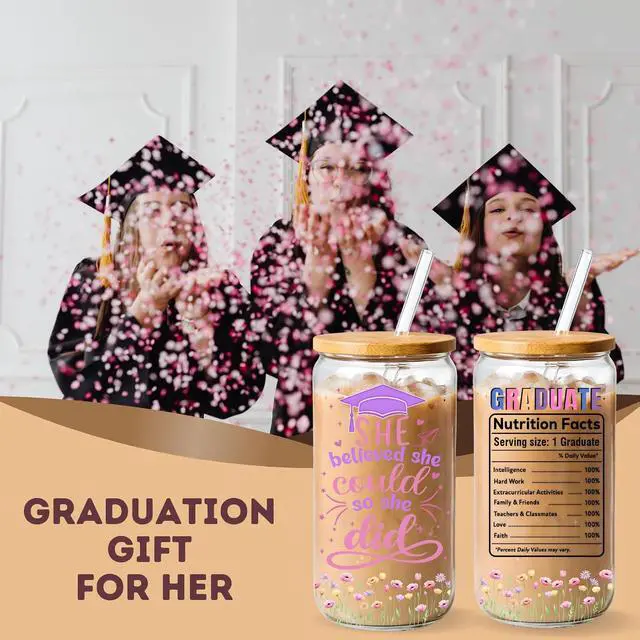 Alt view image 7 of 7 - College Graduation Gifts for Women 2026, Glass Cup 16oz with Bamboo Lid and Straw High School Graduation Gifts for Women, Grad Gifts for Girls Friend Daughter Coworker