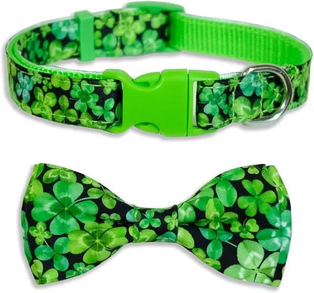 Main image of St Patrick Day Dog Bow Tie with Collar, Irish Holiday Shamrock Lucky Collar for Boys and Girls Large Medium Pets Puppies (St. Patrick's Day, Large-(16-27") Neck * 1" Wide)