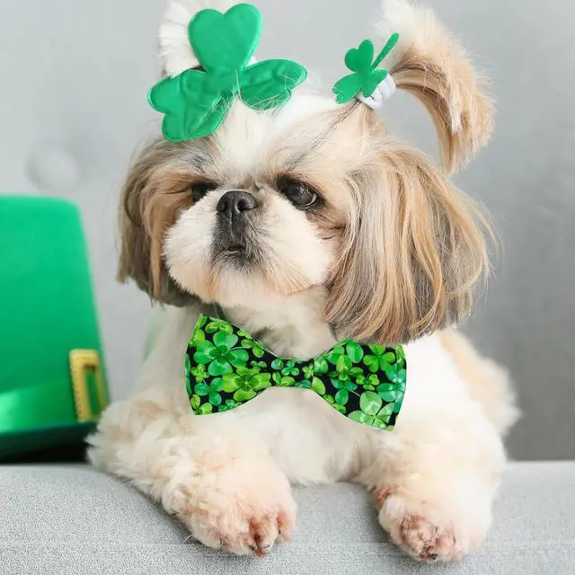 Alt view image 4 of 6 - St Patrick Day Dog Bow Tie with Collar, Irish Holiday Shamrock Lucky Collar for Boys and Girls Large Medium Pets Puppies (St. Patrick's Day, Large-(16-27") Neck * 1" Wide)