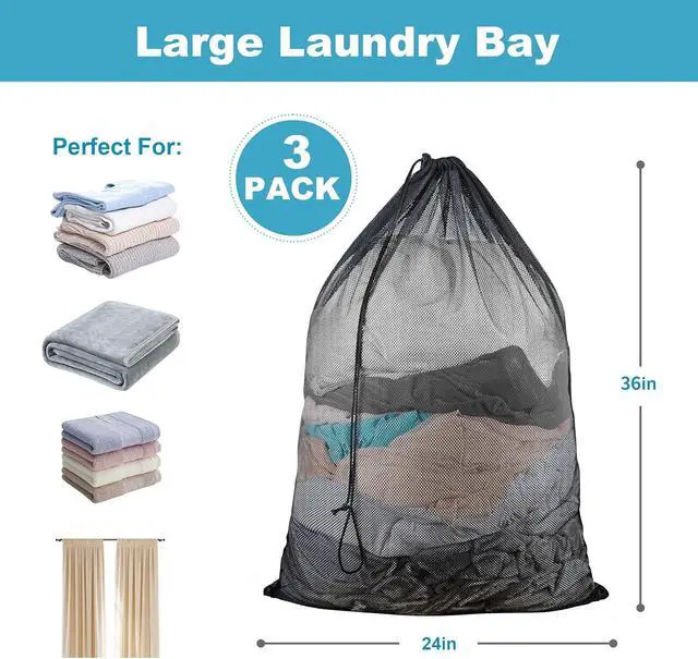 Alt view image 2 of 7 - 3 Pack Large Mesh Laundry Bag, 24 x 36 Inch Mesh Wash Bag with Drawstring Closure, Delicates Bag for Washing Machine - Perfect for College Dorms, Travel, Laundromats, Apartments (Black)