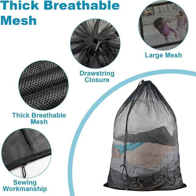 Alt view image 3 of 7 - 3 Pack Large Mesh Laundry Bag, 24 x 36 Inch Mesh Wash Bag with Drawstring Closure, Delicates Bag for Washing Machine - Perfect for College Dorms, Travel, Laundromats, Apartments (Black)
