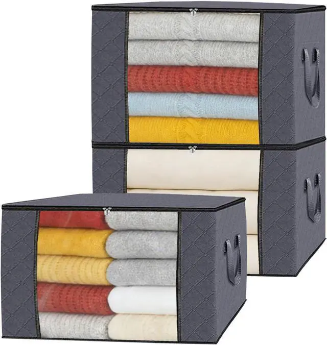 Main image of 90L Grey Storage Bags with Lids, Zipper & Clear Window, 3-Pack Foldable Large Closet Organizers for Clothes, Comforters, Under Bed