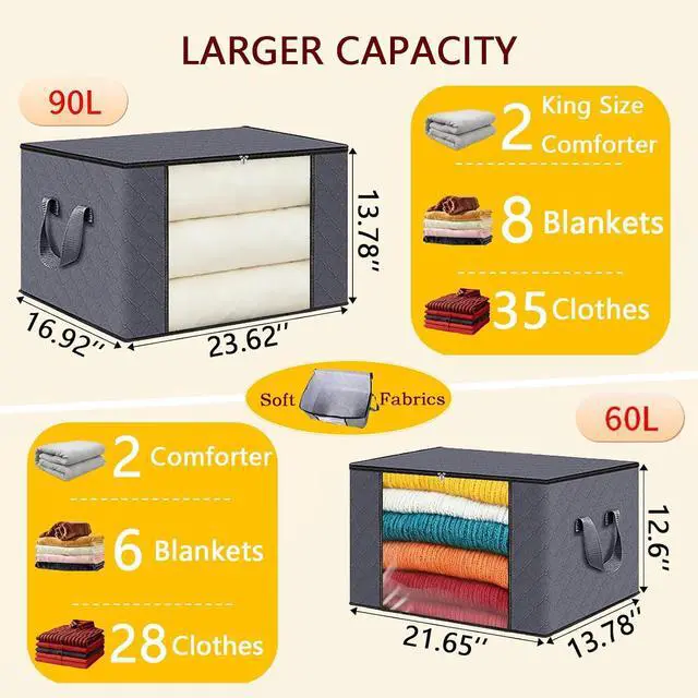 Alt view image 3 of 7 - 90L Grey Storage Bags with Lids, Zipper & Clear Window, 3-Pack Foldable Large Closet Organizers for Clothes, Comforters, Under Bed