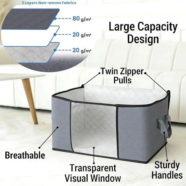 Alt view image 2 of 7 - 90L Grey Storage Bags with Lids, Zipper & Clear Window, 3-Pack Foldable Large Closet Organizers for Clothes, Comforters, Under Bed
