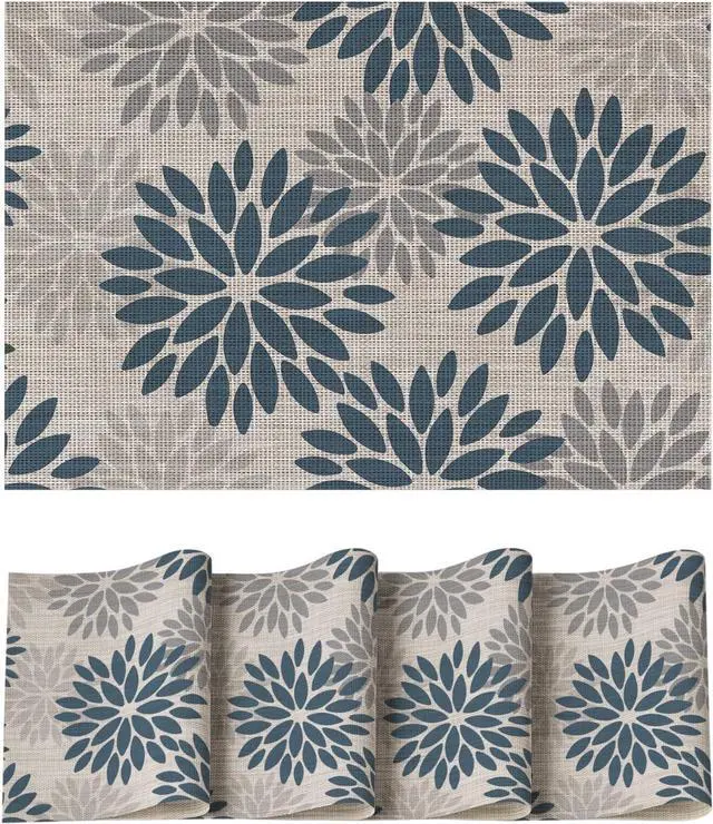 Main image of Artoid Mode Floral Vinyl Placemats Set of 4, Heat Resistant Washable Non-Slip Plastic PVC Place Mats for Party Kitchen Dining Decor, Blue Grey