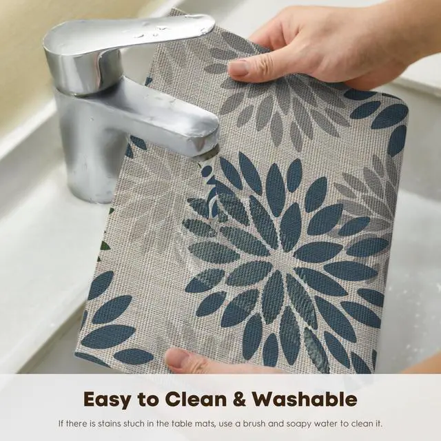 Alt view image 4 of 7 - Artoid Mode Floral Vinyl Placemats Set of 4, Heat Resistant Washable Non-Slip Plastic PVC Place Mats for Party Kitchen Dining Decor, Blue Grey
