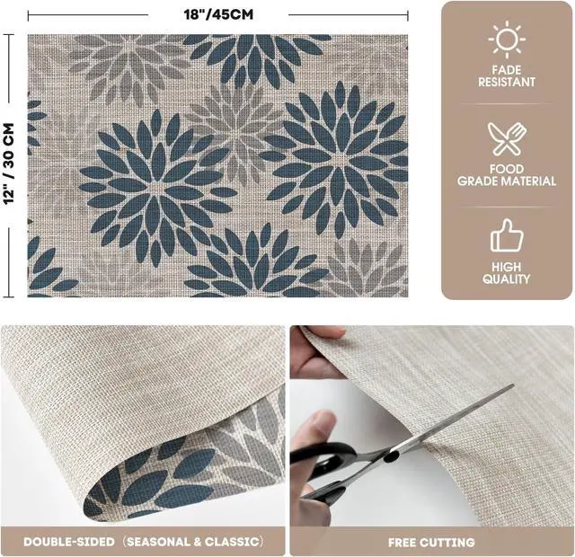 Alt view image 6 of 7 - Artoid Mode Floral Vinyl Placemats Set of 4, Heat Resistant Washable Non-Slip Plastic PVC Place Mats for Party Kitchen Dining Decor, Blue Grey