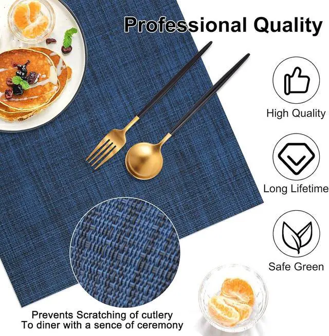 Alt view image 6 of 7 - Vinyl Placemats Set of 4, PVC Woven Washable Non-Slip Table Mats, Heat Resistant Wrinkle Free Place Mats for Dining Table, Easy to Clean (4, Navy Blue)