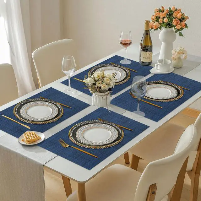 Alt view image 7 of 7 - Vinyl Placemats Set of 4, PVC Woven Washable Non-Slip Table Mats, Heat Resistant Wrinkle Free Place Mats for Dining Table, Easy to Clean (4, Navy Blue)