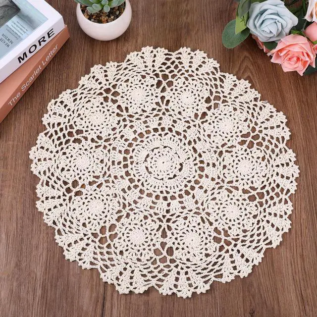 Main image of Dollies for Tables, 15.7 Inch Large Cotton Handmade Table Doilies Vintage Round Crochet Doilies Lace Placemats Knitted Tablecloth for Home Kitchen Dining Room Wedding Party Decoration (Beige)