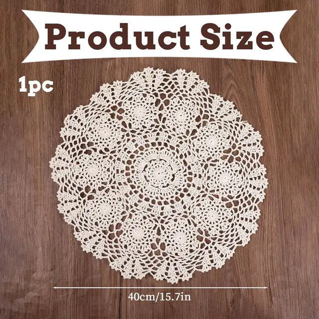 Alt view image 2 of 7 - Dollies for Tables, 15.7 Inch Large Cotton Handmade Table Doilies Vintage Round Crochet Doilies Lace Placemats Knitted Tablecloth for Home Kitchen Dining Room Wedding Party Decoration (Beige)