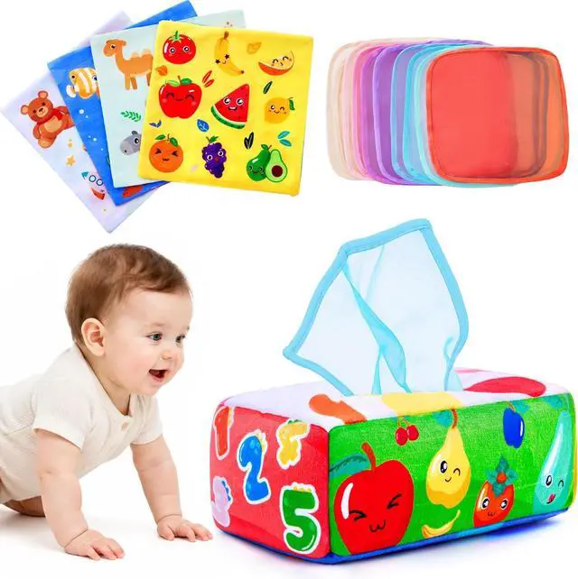 Main image of Yeeeasy Baby Tissue Box Toy, Montessori Sensory Toy for Boys&Girls | Soft crinkle tissues and colorful scarves support pulling play, fine motor skills, sensory exploration, and early learning.