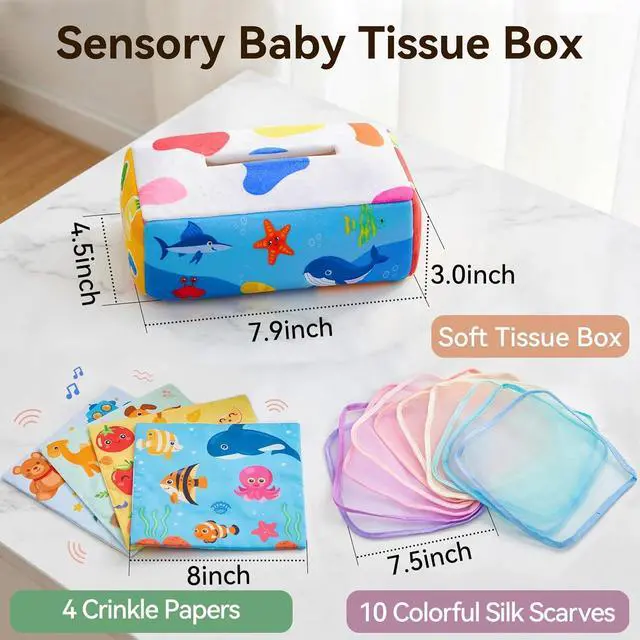 Alt view image 6 of 7 - Yeeeasy Baby Tissue Box Toy, Montessori Sensory Toy for Boys&Girls | Soft crinkle tissues and colorful scarves support pulling play, fine motor skills, sensory exploration, and early learning.