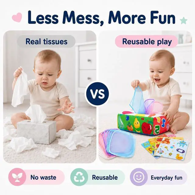 Alt view image 2 of 7 - Yeeeasy Baby Tissue Box Toy, Montessori Sensory Toy for Boys&Girls | Soft crinkle tissues and colorful scarves support pulling play, fine motor skills, sensory exploration, and early learning.