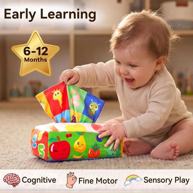 Alt view image 3 of 7 - Yeeeasy Baby Tissue Box Toy, Montessori Sensory Toy for Boys&Girls | Soft crinkle tissues and colorful scarves support pulling play, fine motor skills, sensory exploration, and early learning.