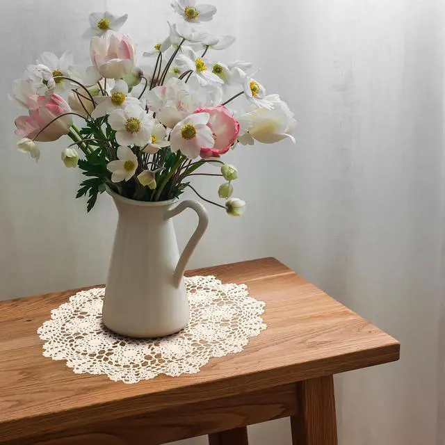 Alt view image 5 of 7 - Dollies for Tables, 15.7 Inch Large Cotton Handmade Table Doilies Vintage Round Crochet Doilies Lace Placemats Knitted Tablecloth for Home Kitchen Dining Room Wedding Party Decoration (Beige)