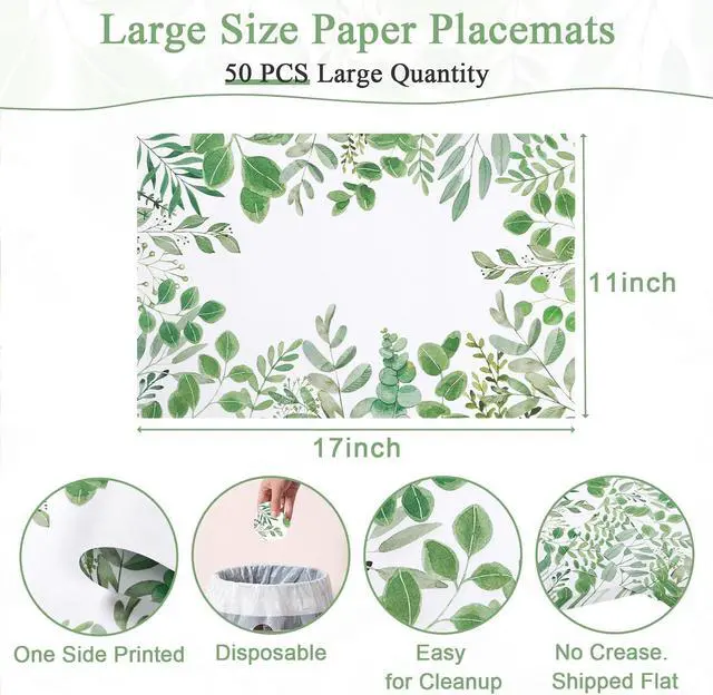 Alt view image 2 of 7 - SHACOS 50 PCS Green Leaves Eucalyptus Paper Placemats 11x17 inch Disposable Paper Place Mats for Dinner Wedding Birthday Party Spring Summer Greenery Table Decoration