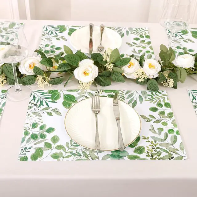 Alt view image 3 of 7 - SHACOS 50 PCS Green Leaves Eucalyptus Paper Placemats 11x17 inch Disposable Paper Place Mats for Dinner Wedding Birthday Party Spring Summer Greenery Table Decoration