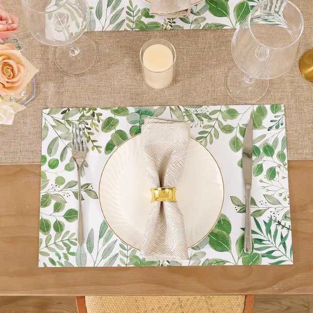 Alt view image 6 of 7 - SHACOS 50 PCS Green Leaves Eucalyptus Paper Placemats 11x17 inch Disposable Paper Place Mats for Dinner Wedding Birthday Party Spring Summer Greenery Table Decoration
