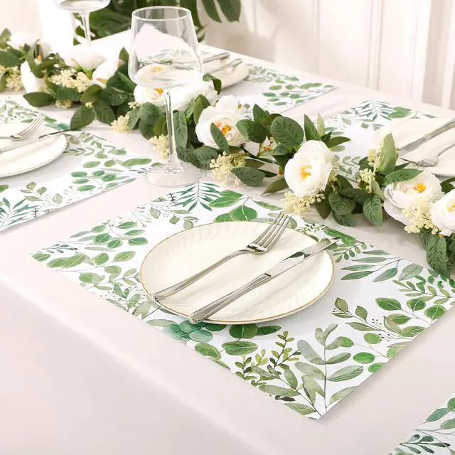 Alt view image 5 of 7 - SHACOS 50 PCS Green Leaves Eucalyptus Paper Placemats 11x17 inch Disposable Paper Place Mats for Dinner Wedding Birthday Party Spring Summer Greenery Table Decoration
