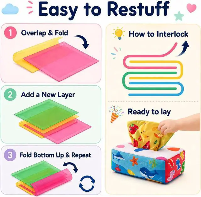 Alt view image 7 of 7 - Yeeeasy Baby Tissue Box Toy, Montessori Sensory Toy for Boys&Girls | Soft crinkle tissues and colorful scarves support pulling play, fine motor skills, sensory exploration, and early learning.