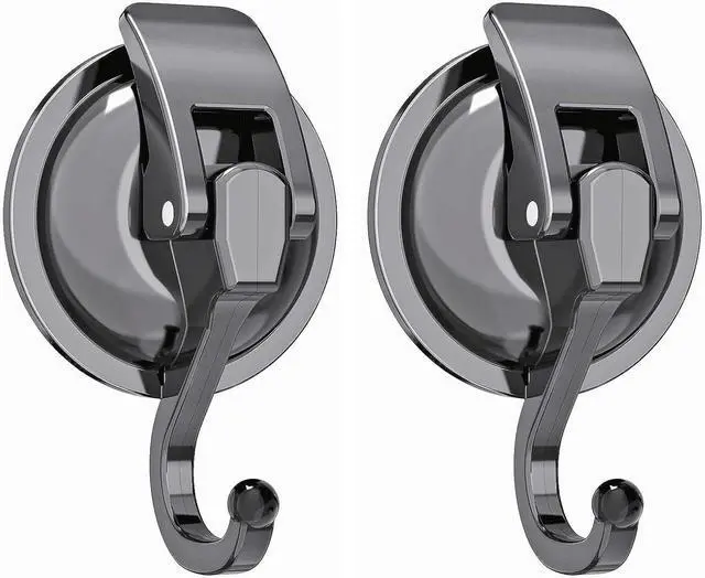 Main image of Heavy Duty Suction Cup Hooks Waterproof Wreath Hanger 2 Pack Gunmetal Grey | No-Drill Suction Hooks for Bathroom Kitchen Tile 11 Lbs load Reusable Shower Towel Robe Loofah Hooks for Glass Window/Door