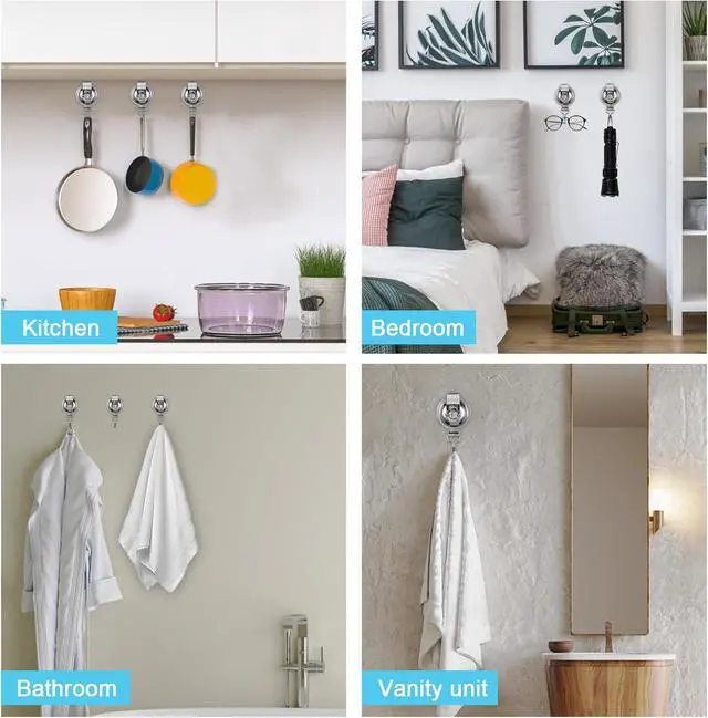 Alt view image 2 of 7 - Heavy Duty Suction Cup Hooks Waterproof Wreath Hanger 2 Pack Gunmetal Grey | No-Drill Suction Hooks for Bathroom Kitchen Tile 11 Lbs load Reusable Shower Towel Robe Loofah Hooks for Glass Window/Door