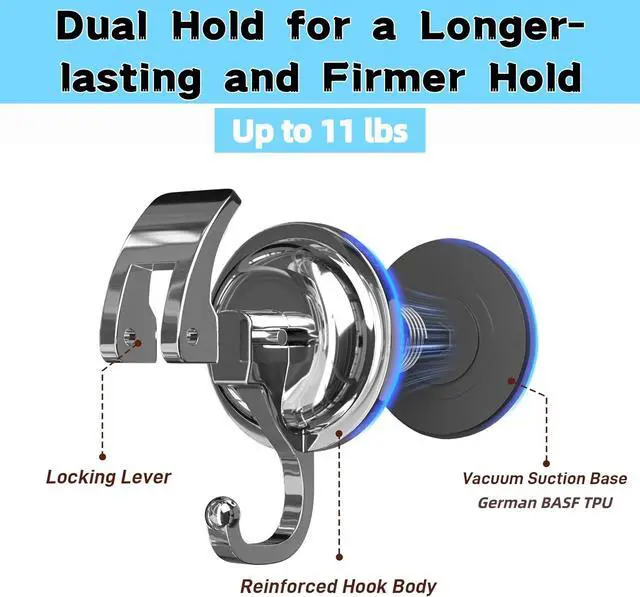 Alt view image 4 of 7 - Heavy Duty Suction Cup Hooks Waterproof Wreath Hanger 2 Pack Gunmetal Grey | No-Drill Suction Hooks for Bathroom Kitchen Tile 11 Lbs load Reusable Shower Towel Robe Loofah Hooks for Glass Window/Door