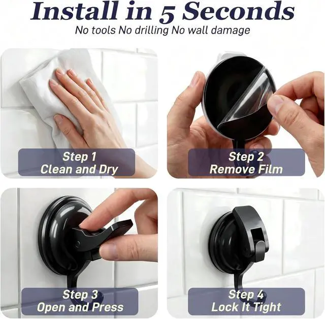Alt view image 5 of 7 - Heavy Duty Suction Cup Hooks Waterproof Wreath Hanger 2 Pack Gunmetal Grey | No-Drill Suction Hooks for Bathroom Kitchen Tile 11 Lbs load Reusable Shower Towel Robe Loofah Hooks for Glass Window/Door