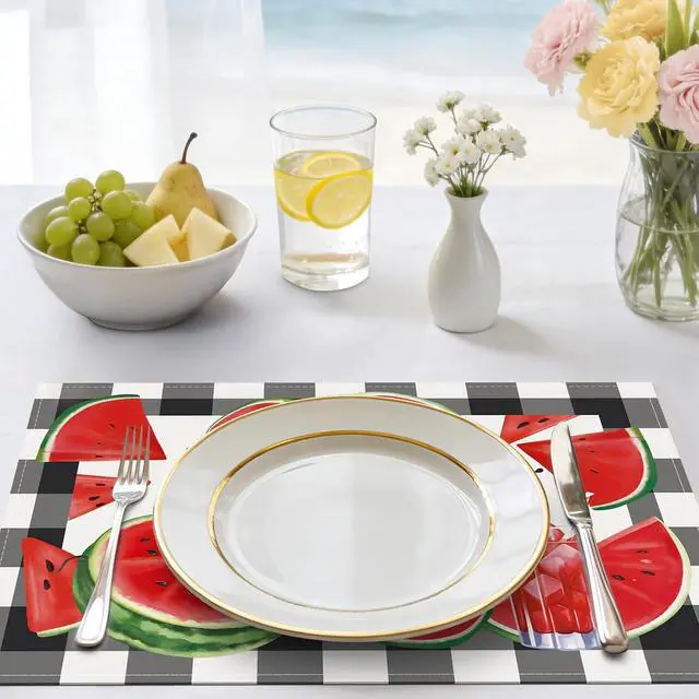 Alt view image 2 of 6 - Bonhause Summer Watermelon Placemats Set of 4, 12x18 Inch Black White Buffalo Plaid Fruit Juice Kitchen Dining Table Mats Washable Place Mats for Indoor Outdoor Home Party Decor