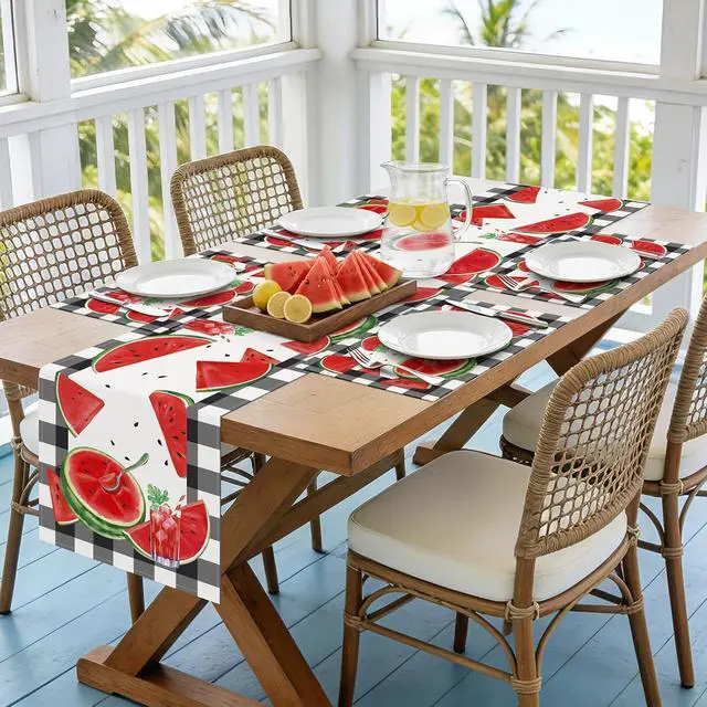 Alt view image 5 of 6 - Bonhause Summer Watermelon Placemats Set of 4, 12x18 Inch Black White Buffalo Plaid Fruit Juice Kitchen Dining Table Mats Washable Place Mats for Indoor Outdoor Home Party Decor