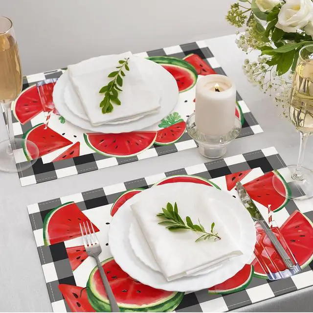 Alt view image 3 of 6 - Bonhause Summer Watermelon Placemats Set of 4, 12x18 Inch Black White Buffalo Plaid Fruit Juice Kitchen Dining Table Mats Washable Place Mats for Indoor Outdoor Home Party Decor