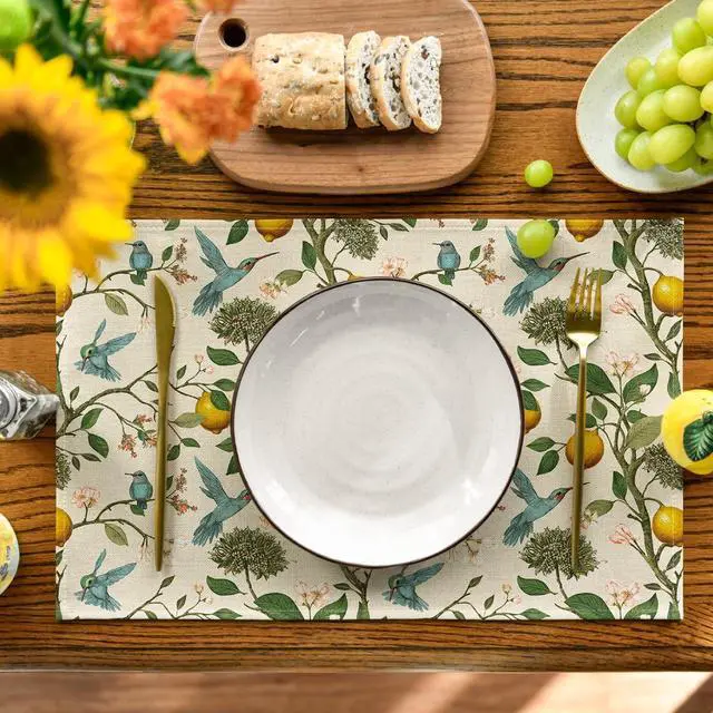Alt view image 2 of 7 - Artoid Mode Brown Lemon Tree Bird Flower Summer Placemats Set of 4,12x18 Inch Seasonal Spring Table Mats for Party Kitchen Dining Decoration