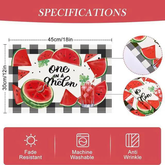 Alt view image 6 of 6 - Bonhause Summer Watermelon Placemats Set of 4, 12x18 Inch Black White Buffalo Plaid Fruit Juice Kitchen Dining Table Mats Washable Place Mats for Indoor Outdoor Home Party Decor