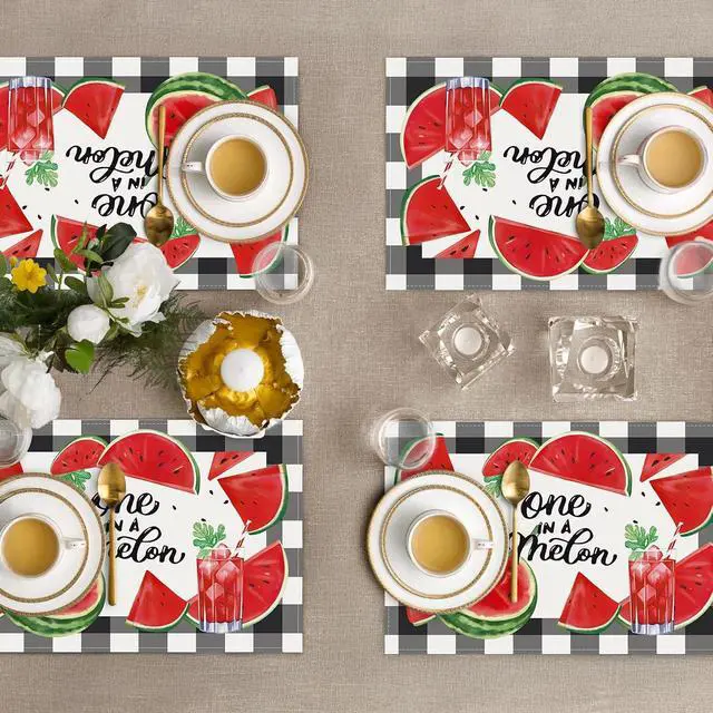 Alt view image 4 of 6 - Bonhause Summer Watermelon Placemats Set of 4, 12x18 Inch Black White Buffalo Plaid Fruit Juice Kitchen Dining Table Mats Washable Place Mats for Indoor Outdoor Home Party Decor