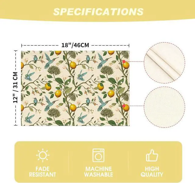 Alt view image 6 of 7 - Artoid Mode Brown Lemon Tree Bird Flower Summer Placemats Set of 4,12x18 Inch Seasonal Spring Table Mats for Party Kitchen Dining Decoration